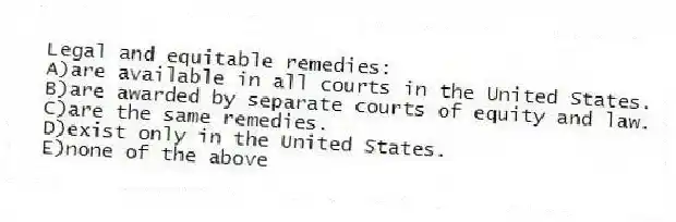 Legal and equitable remedies:
A)are available in all courts in the United States.
B)are awarded by separate courts of equity and law.
C)are the same remedies.
D)exist only in the United States.
E)none of the above