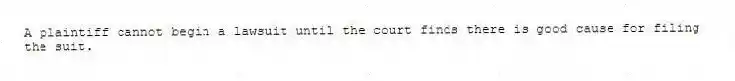 A plaintiff cannot begin a lawsuit until the court finds there is good cause for filing the suit.