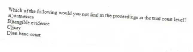 Which of the following would you not find in the proceedings at the trial court level?
A)witnesses
B)tangible evidence
C)jury
D)en banc court