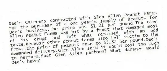 Dee's Caterers contracted with Glen Allen Peanut Farms for the purchase of a one year's supply of peanuts for Dee's business.The price was $1.21 per pound.The Glen Allen Peanut Farms was hit by a frost that damaged most of its crops and left what remained with an odd taste.Because other peanut farms also fell victim to the frost,the price of peanuts rose to $3.37 per pound.Dee's demanded delivery.Glen Allen said it would cost too much to perform.Must Glen Allen perform? What damages would Dee's have?