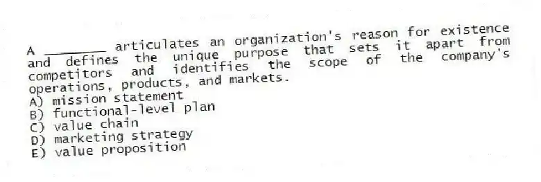 A ________ articulates an organization's reason for existence and defines the unique purpose that sets it apart from competitors and identifies the scope of the company's operations, products, and markets.
A) mission statement
B) functional-level plan
C) value chain
D) marketing strategy
E) value proposition