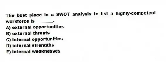 The best place in a SWOT analysis to list a highly-competent workforce is ________.
A) external opportunities
B) external threats
C) internal opportunities
D) internal strengths
E) internal weaknesses