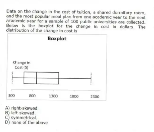 Data on the change in the cost of tuition, a shared dormitory room, and the most popular meal plan from one academic year to the next academic year for a sample of 100 public universities are collected. Below is the boxplot for the change in cost in dollars. The distribution of the change in cost is
A) right-skewed.
B) left-skewed.
C) symmetrical.
D) none of the above