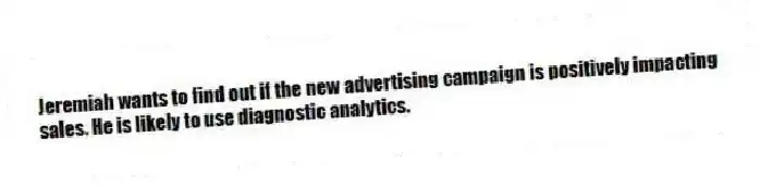 Jeremiah wants to find out if the new advertising campaign is positively impacting sales. He is likely to use diagnostic analytics.