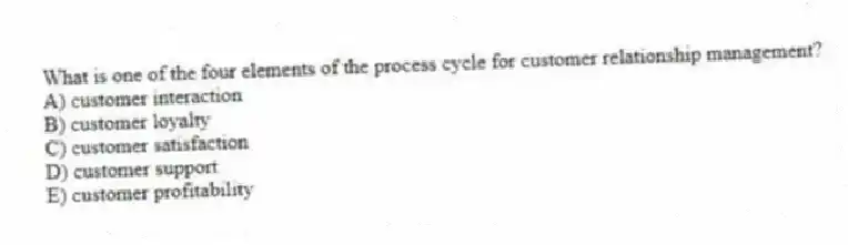 What is one of the four elements of the process cycle for customer relationship management?
A) customer interaction
B) customer loyalty
C) customer satisfaction
D) customer support
E) customer profitability