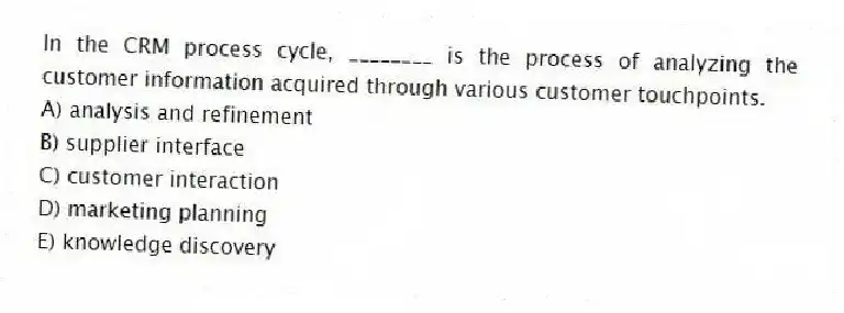 In the CRM process cycle, ________ is the process of analyzing the customer information acquired through various customer touchpoints.
A) analysis and refinement
B) supplier interface
C) customer interaction
D) marketing planning
E) knowledge discovery