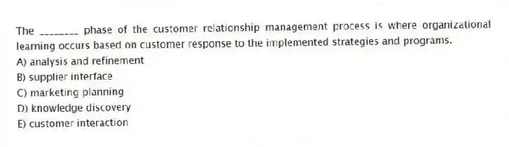 The ________ phase of the customer relationship management process is where organizational learning occurs based on customer response to the implemented strategies and programs.
A) analysis and refinement
B) supplier interface
C) marketing planning
D) knowledge discovery
E) customer interaction