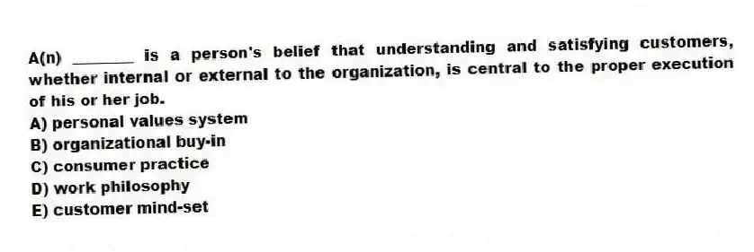 A(n) ________ is a person's belief that understanding and satisfying customers, whether internal or external to the organization, is central to the proper execution of his or her job.
A) personal values system
B) organizational buy-in
C) consumer practice
D) work philosophy
E) customer mind-set