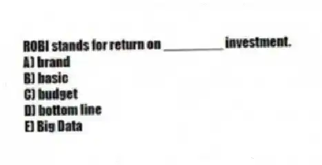 ROBI stands for return on ________ investment.
A) brand
B) basic
C) budget
D) bottom line
E) Big Data