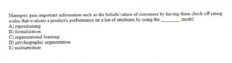 Managers gain important information such as the beliefs/values of customers by having them check off rating scales that evaluate a product's performance on a list of attributes by using the ________ model.
A) repositioning
B) formalization
C) organizational learning
D) psychographic segmentation
E) multiattribute