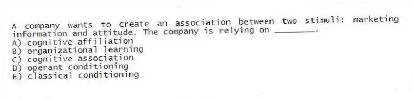 A company wants to create an association between two stimuli: marketing information and attitude. The company is relying on ________.
A) cognitive affiliation
B) organizational learning
C) cognitive association
D) operant conditioning
E) classical conditioning