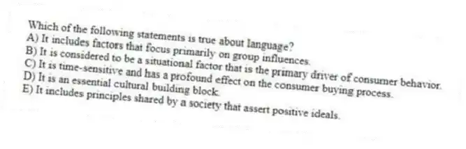Which of the following statements is true about language?
A) It includes factors that focus primarily on group influences.
B) It is considered to be a situational factor that is the primary driver of consumer behavior.
C) It is time-sensitive and has a profound effect on the consumer buying process.
D) It is an essential cultural building block.
E) It includes principles shared by a society that assert positive ideals.