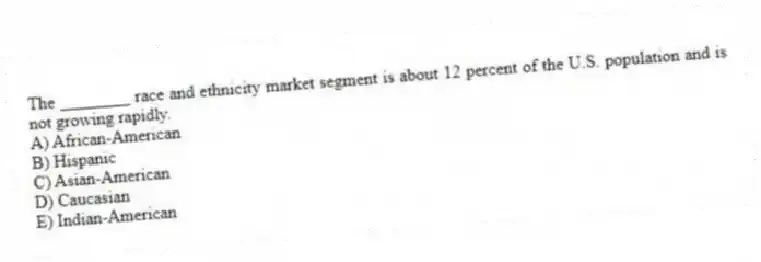 The ________ race and ethnicity market segment is about 12 percent of the U.S. population and is not growing rapidly.
A) African-American
B) Hispanic
C) Asian-American
D) Caucasian
E) Indian-American