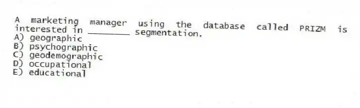 A marketing manager using the database called PRIZM is interested in ________ segmentation.
A) geographic
B) psychographic
C) geodemographic
D) occupational
E) educational