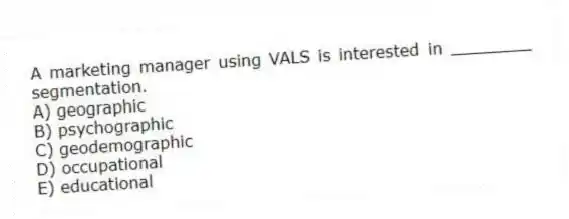 A marketing manager using VALS is interested in ________ segmentation.
A) geographic
B) psychographic
C) geodemographic
D) occupational
E) educational