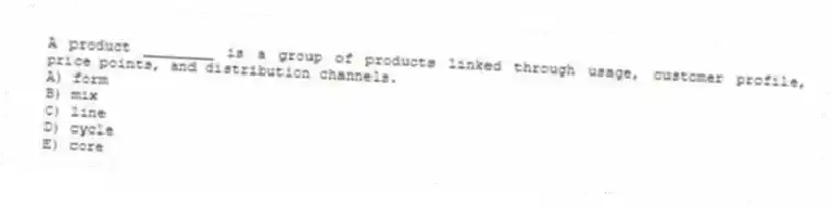 A product ________ is a group of products linked through usage, customer profile, price points, and distribution channels.
A) form
B) mix
C) line
D) cycle
E) core