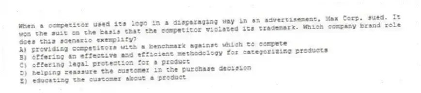 When a competitor used its logo in a disparaging way in an advertisement, Max Corp. sued. It won the suit on the basis that the competitor violated its trademark. Which company brand role does this scenario exemplify?
A) providing competitors with a benchmark against which to compete
B) offering an effective and efficient methodology for categorizing products
C) offering legal protection for a product
D) helping reassure the customer in the purchase decision
E) educating the customer about a product
