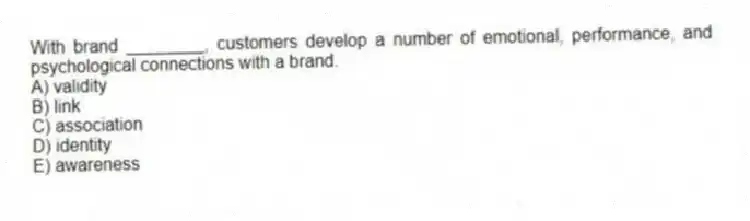 With brand ________, customers develop a number of emotional, performance, and psychological connections with a brand.
A) validity
B) link
C) association
D) identity
E) awareness