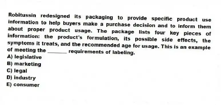 Robitussin redesigned its packaging to provide specific product use information to help buyers make a purchase decision and to inform them about proper product usage. The package lists four key pieces of information: the product's formulation, its possible side effects, the symptoms it treats, and the recommended age for usage. This is an example of meeting the ________ requirements of labeling.
A) legislative
B) marketing
C) legal
D) industry
E) consumer