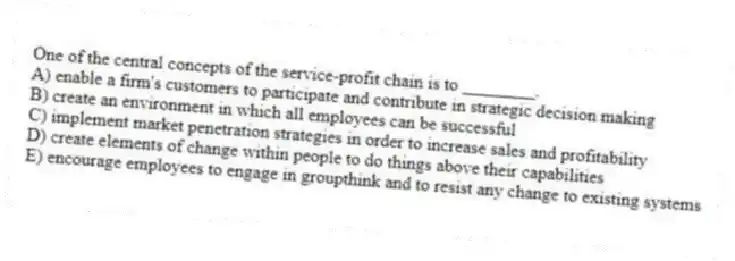 One of the central concepts of the service-profit chain is to ________.
A) enable a firm's customers to participate and contribute in strategic decision making
B) create an environment in which all employees can be successful
C) implement market penetration strategies in order to increase sales and profitability
D) create elements of change within people to do things above their capabilities
E) encourage employees to engage in groupthink and to resist any change to existing systems