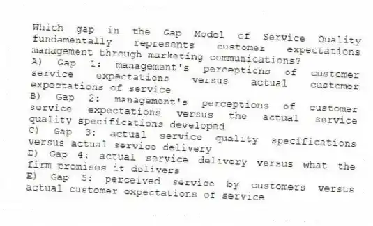 Which gap in the Gap Model of Service Quality fundamentally represents customer expectations management through marketing communications?
A) Gap 1: management's perceptions of customer service expectations versus actual customer expectations of service
B) Gap 2: management's perceptions of customer service expectations versus the actual service quality specifications developed
C) Gap 3: actual service quality specifications versus actual service delivery
D) Gap 4: actual service delivery versus what the firm promises it delivers
E) Gap 5: perceived service by customers versus actual customer expectations of service