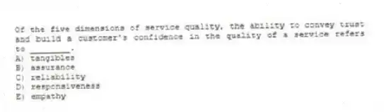 Of the five dimensions of service quality, the ability to convey trust and build a customer's confidence in the quality of a service refers to ________.
A) tangibles
B) assurance
C) reliability
D) responsiveness
E) empathy