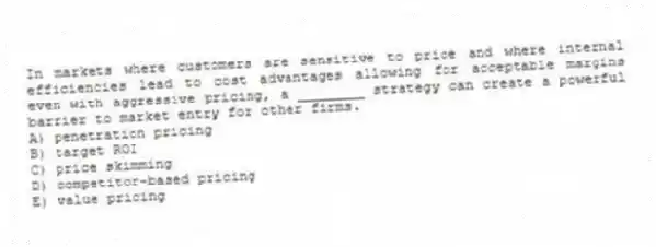 In markets where customers are sensitive to price and where internal efficiencies lead to cost advantages allowing for acceptable margins even with aggressive pricing, a ________ strategy can create a powerful barrier to market entry for other firms.
A) penetration pricing
B) target ROI
C) price skimming
D) competitor-based pricing
E) value pricing