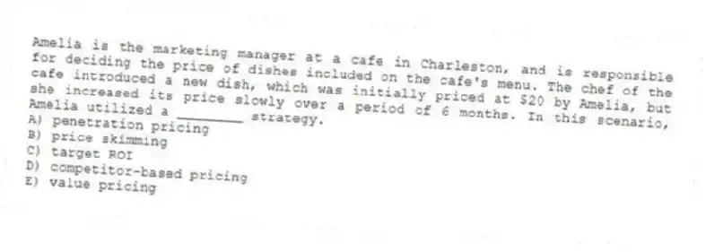 Amelia is the marketing manager at a cafe in Charleston, and is responsible for deciding the price of dishes included on the cafe's menu. The chef of the cafe introduced a new dish, which was initially priced at $20 by Amelia, but she increased its price slowly over a period of 6 months. In this scenario, Amelia utilized a ________ strategy.
A) penetration pricing
B) price skimming
C) target ROI
D) competitor-based pricing
E) value pricing