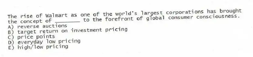 The rise of Walmart as one of the world's largest corporations has brought the concept of ________ to the forefront of global consumer consciousness.
A) reverse auctions
B) target return on investment pricing
C) price points
D) everyday low pricing
E) high/low pricing