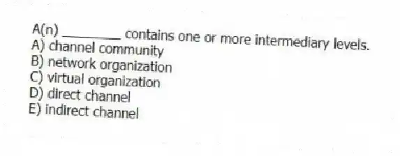 A(n) ________ contains one or more intermediary levels.
A) channel community
B) network organization
C) virtual organization
D) direct channel
E) indirect channel