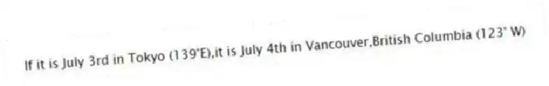 If it is July 3rd in Tokyo (139°E),it is July 4th in Vancouver,British Columbia (123° W)