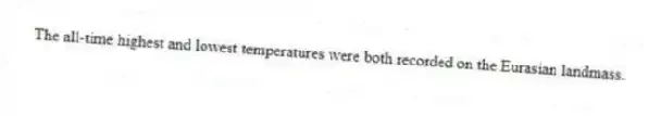 The all-time highest and lowest temperatures were both recorded on the Eurasian landmass.