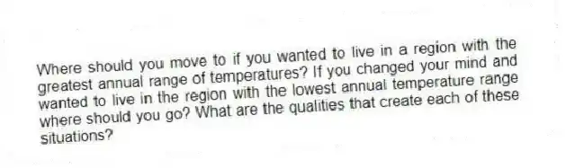 Where should you move to if you wanted to live in a region with the greatest annual range of temperatures? If you changed your mind and wanted to live in the region with the lowest annual temperature range where should you go? What are the qualities that create each of these situations?