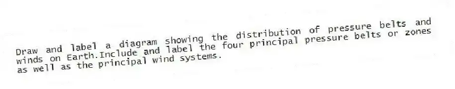 Draw and label a diagram showing the distribution of pressure belts and winds on Earth.Include and label the four principal pressure belts or zones as well as the principal wind systems.