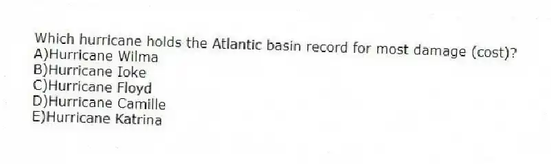 Which hurricane holds the Atlantic basin record for most damage (cost)?
A)Hurricane Wilma
B)Hurricane Ioke
C)Hurricane Floyd
D)Hurricane Camille
E)Hurricane Katrina