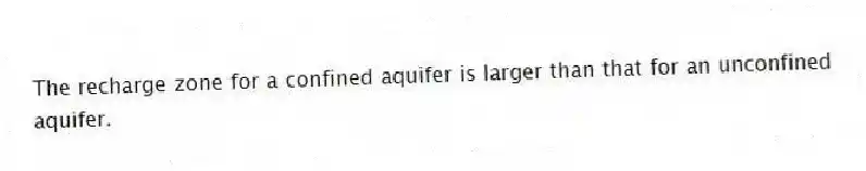 The recharge zone for a confined aquifer is larger than that for an unconfined aquifer.