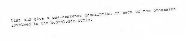 List and give a one-sentence description of each of the processes involved in the hydrologic cycle.