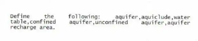 Define the following: aquifer,aquiclude,water table,confined aquifer,unconfined aquifer,aquifer recharge area.
