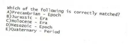 Which of the following is correctly matched?
A)Precambrian - Epoch
B)Jurassic - Era
C)Holocene - Era
D)Mesozoic - Epoch
E)Quaternary - Period