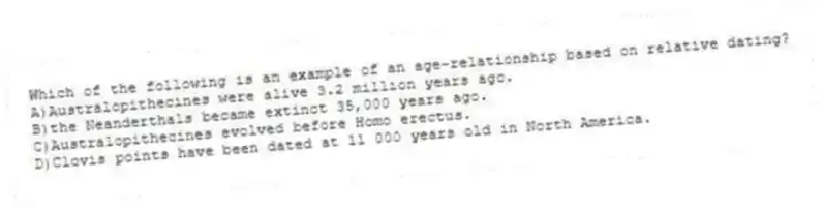 Which of the following is an example of an age-relationship based on relative dating?
A)Australopithecines were alive 3.2 million years ago.
B)the Neanderthals became extinct 35,000 years ago.
C)Australopithecines evolved before Homo erectus.
D)Clovis points have been dated at 11 000 years old in North America.