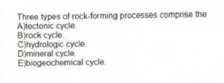 Three types of rock-forming processes comprise the
A)tectonic cycle.
B)rock cycle.
C)hydrologic cycle.
D)mineral cycle.
E)biogeochemical cycle.