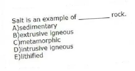 Salt is an example of ________ rock.
A)sedimentary
B)extrusive igneous
C)metamorphic
D)intrusive igneous
E)lithified
