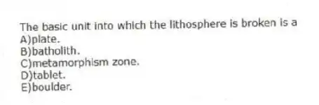 The basic unit into which the lithosphere is broken is a
A)plate.
B)batholith.
C)metamorphism zone.
D)tablet.
E)boulder.