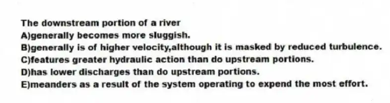 The downstream portion of a river
A)generally becomes more sluggish.
B)generally is of higher velocity,although it is masked by reduced turbulence.
C)features greater hydraulic action than do upstream portions.
D)has lower discharges than do upstream portions.
E)meanders as a result of the system operating to expend the most effort.