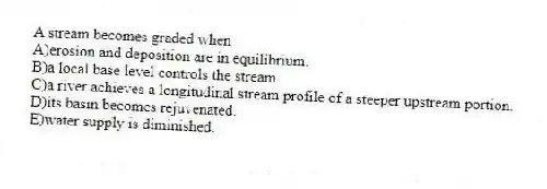 A stream becomes graded when
A)erosion and deposition are in equilibrium.
B)a local base level controls the stream.
C)a river achieves a longitudinal stream profile of a steeper upstream portion.
D)its basin becomes rejuvenated.
E)water supply is diminished.