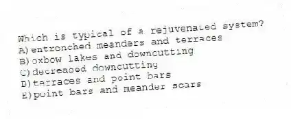 Which is typical of a rejuvenated system?
A)entrenched meanders and terraces
B)oxbow lakes and downcutting
C)decreased downcutting
D)terraces and point bars
E)point bars and meander scars