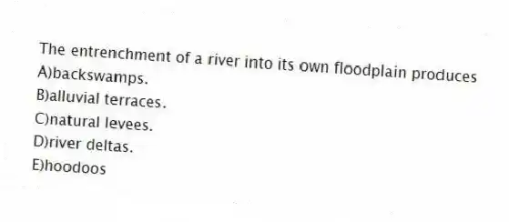 The entrenchment of a river into its own floodplain produces
A)backswamps.
B)alluvial terraces.
C)natural levees.
D)river deltas.
E)hoodoos