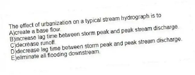 The effect of urbanization on a typical stream hydrograph is to
A)create a base flow.
B)increase lag time between storm peak and peak stream discharge.
C)decrease runoff.
D)decrease lag time between storm peak and peak stream discharge.
E)eliminate all flooding downstream.