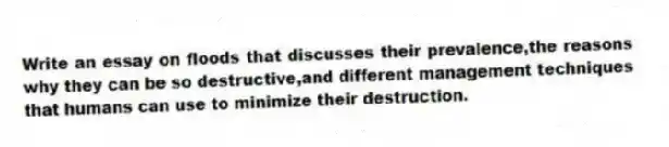 Write an essay on floods that discusses their prevalence,the reasons why they can be so destructive,and different management techniques that humans can use to minimize their destruction.