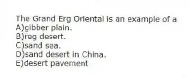 The Grand Erg Oriental is an example of a
A)gibber plain.
B)reg desert.
C)sand sea.
D)sand desert in China.
E)desert pavement
